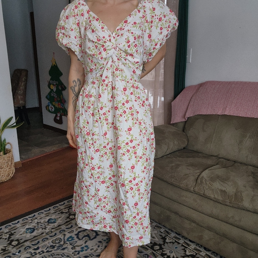 LEA Floral Print Puff Sleeve Midi Dress Size 1X